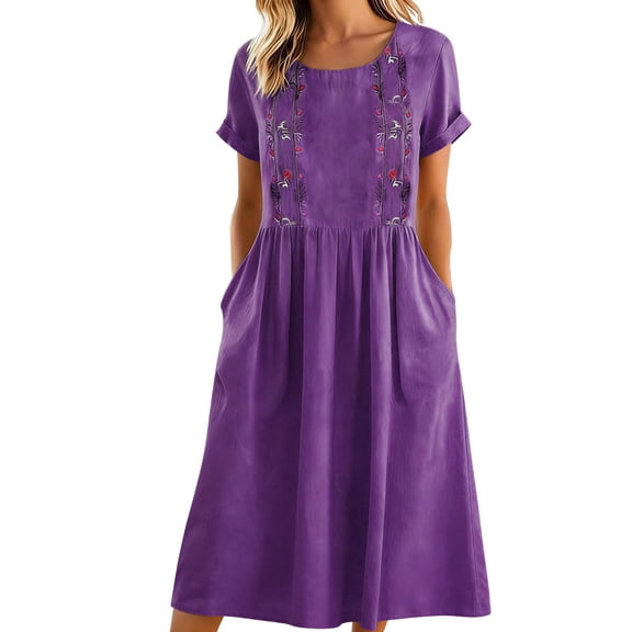 Ecqkame Women's Linen Dresses Crew Neck Short Sleeve Loose A-Line Long Dresses Casual Flowy Embroidery Boho Dress with Pockets Purple S
