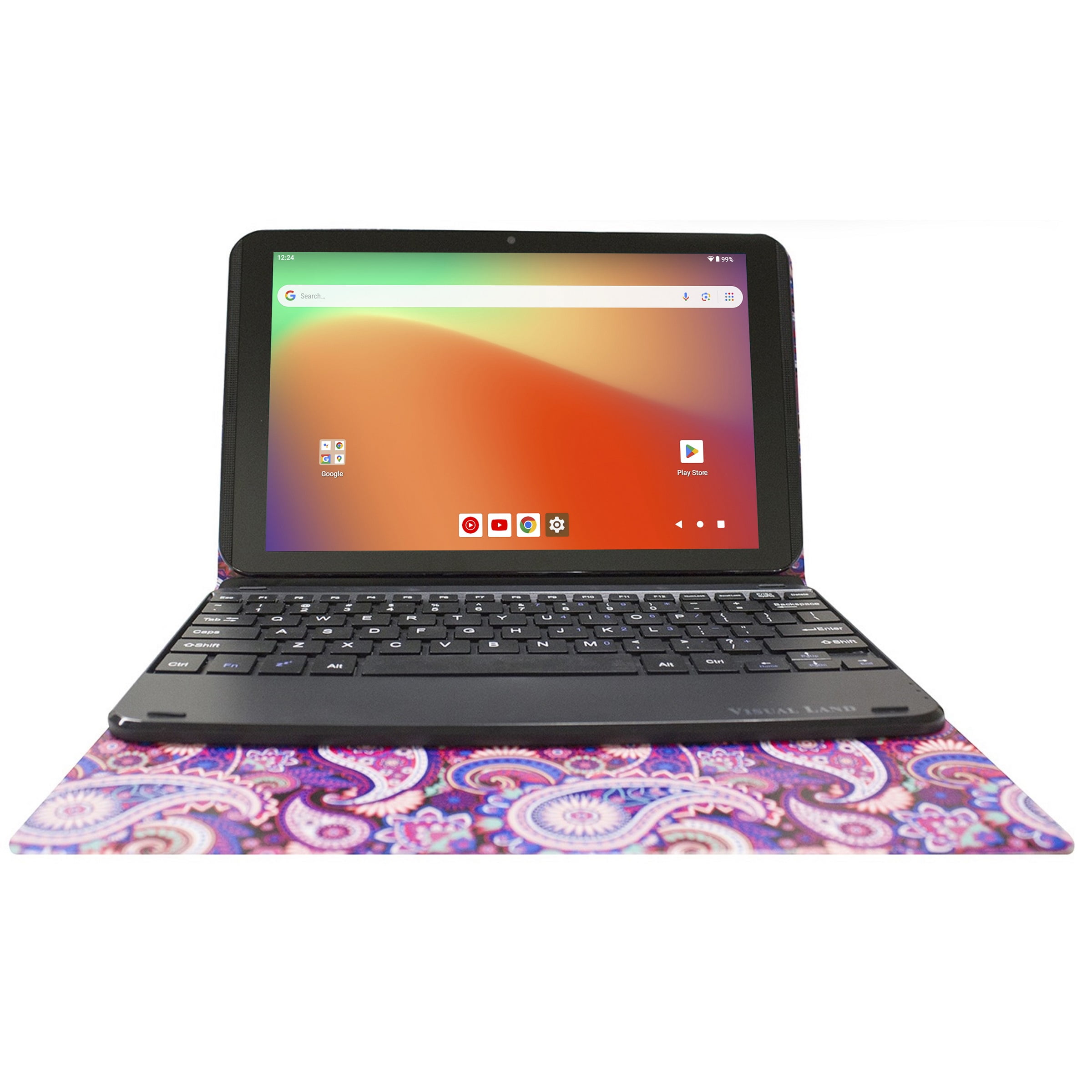 Visual Land Prestige Elite 10QH 10.1" HD IPS Android 13 Quad-Core Tablet, 64GB Storage, 2GB RAM, with Keyboard Case - Paisley