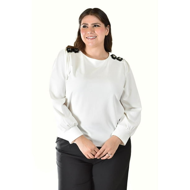 Blusa con detalle de flor en hombro Roman Fashion /Tallas Extras, 5106 (Blanco) blanco 42