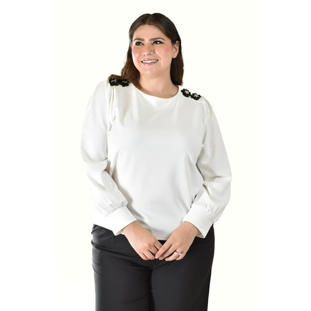 Blusa con detalle de flor en hombro Roman Fashion /Tallas Extras, 5106 (Blanco) blanco 38