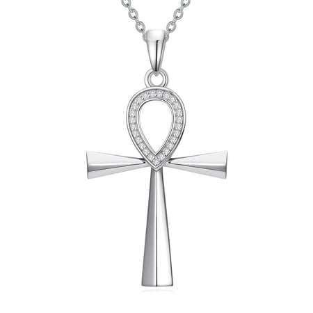 JKR Diamond Ankh Necklace for Women, 925 Sterling Silver Faith Cross Pendant Religious Jewelry Valentines Day Gifts for Her Wife Mom Girlfriend 20 Inches