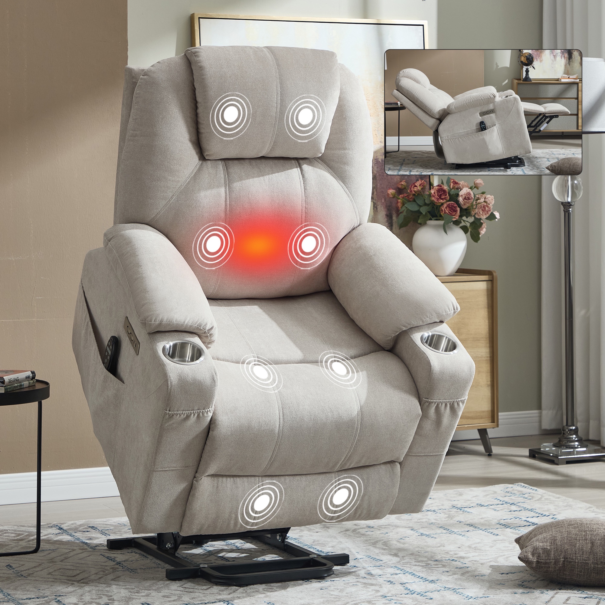 Chenille Power Lift Recliner Chair for Seniors, Heavy Duty 350 lbs Capacity with 8-Point Massage & Lumbar Heat, USB Type-A/C Ports, Stainless Steel Cup Holders, Living Room Comfort