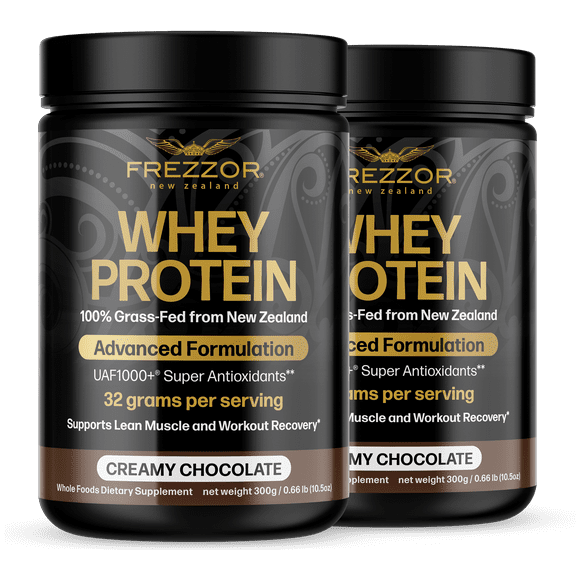 FREZZOR 100% Grass-Fed Whey Protein Shake, New Zealand, Chocolate Cacao, Keto Friendly, 24 Superfoods, 29g Protein, 22g BCAAs, GMO-Free, rBGH-Free, No Added Sugar, No Preservatives, 2 Count