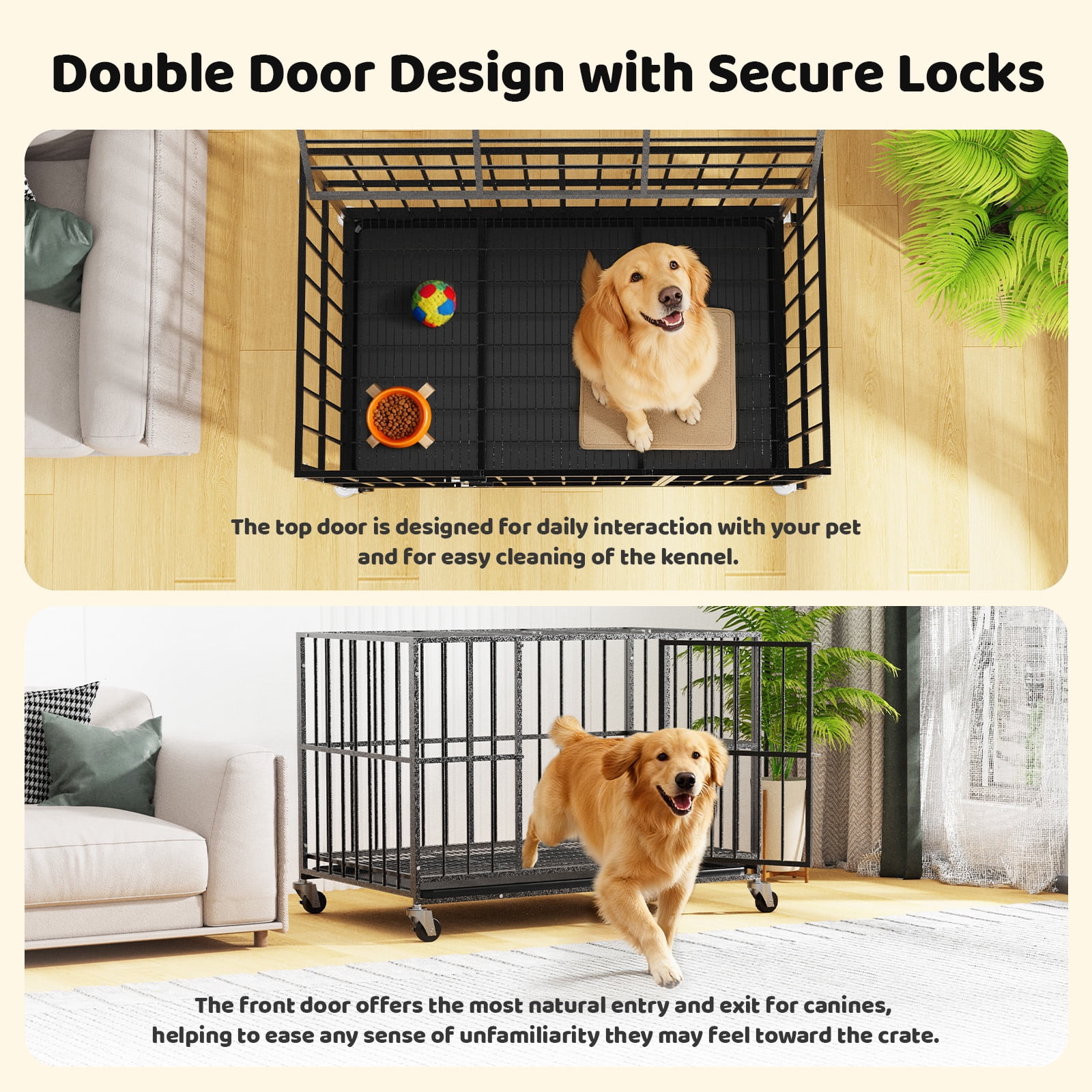 TIME RAY 48 Inch Heavy Duty Dog Crate Cage for Large Dog with Steel Escape Proof, Indoor & Outdoor Double Doors,Lockable Wheels and Removable Tray,Black