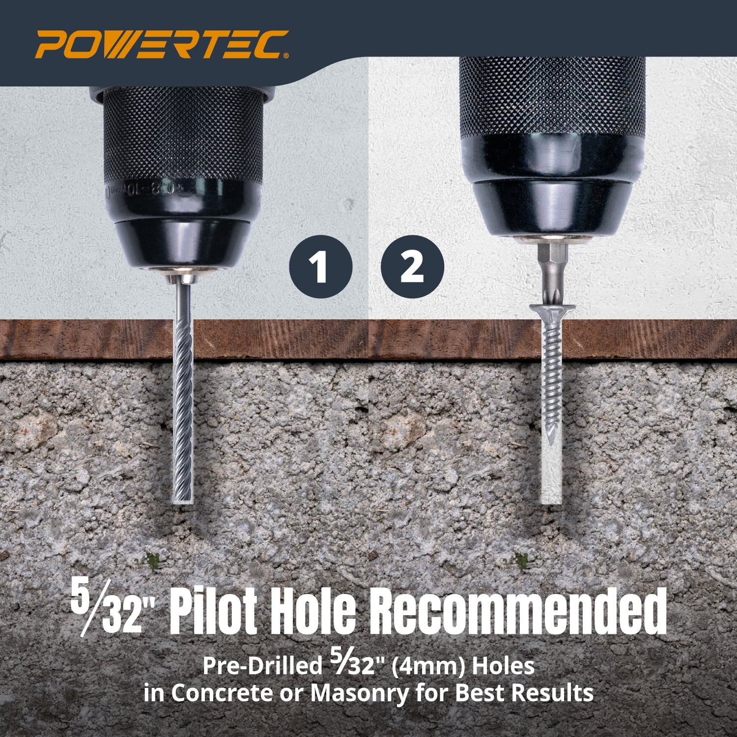 POWERTEC 200PK Cement Screws #8 x 1-1/4″, Ruspert Coated Concrete Screws with T25 Torx Star Drive Bit – High-Low Thread Masonry Screws for Cement Board, Concrete & Brick (72319)