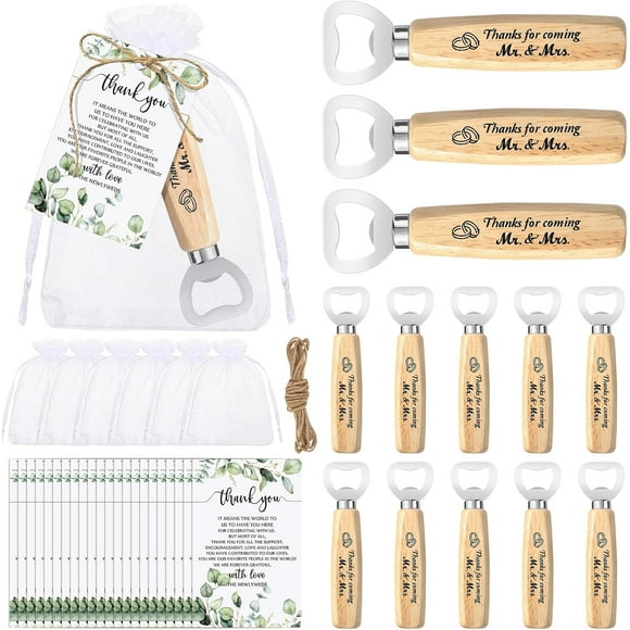 50 Set Wedding Favors: Bottle Opener, Thank You Cards, Organza Bags & Jute Twine for Party Favors & Decoration