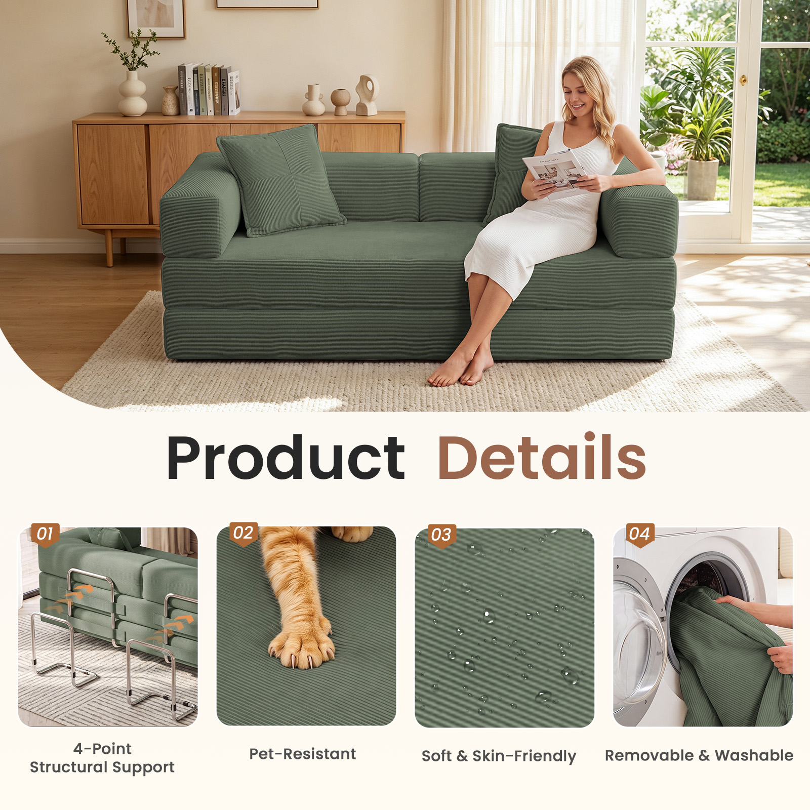 Exnote 78" Convertible Sofa Bed, Green Corduroy photo 7