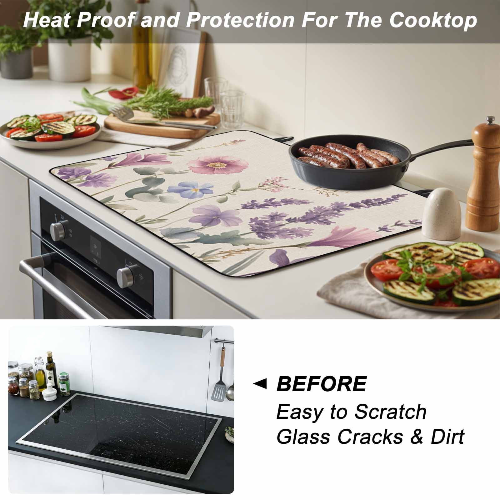 Lavender Flowers Stove Top Cover for Electric Stove, Heat-proof & Non Slip Glass Top Stove Cover Protector, Spring Watercolor Blooms Botanicals Kitchen Flat Cooktop Rubber Mat 24x21 Inches
