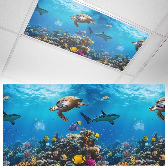 1 Pack Magnetic Fluorescent Light Covers, 2x4 Ft, Summer Marine Life Modern Turtle Shark Coral Fish Magnetic Light Covers for Ceiling Lights Classroom Office Home Decor