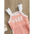 thumbnail image 6 of Kiapeise Baby Girl Sleeveless Halter Ruffle Romper Letter Print Wide Leg Romper Spaghetti Strap Knit Jumpsuit Overalls Shorts, 6 of 8
