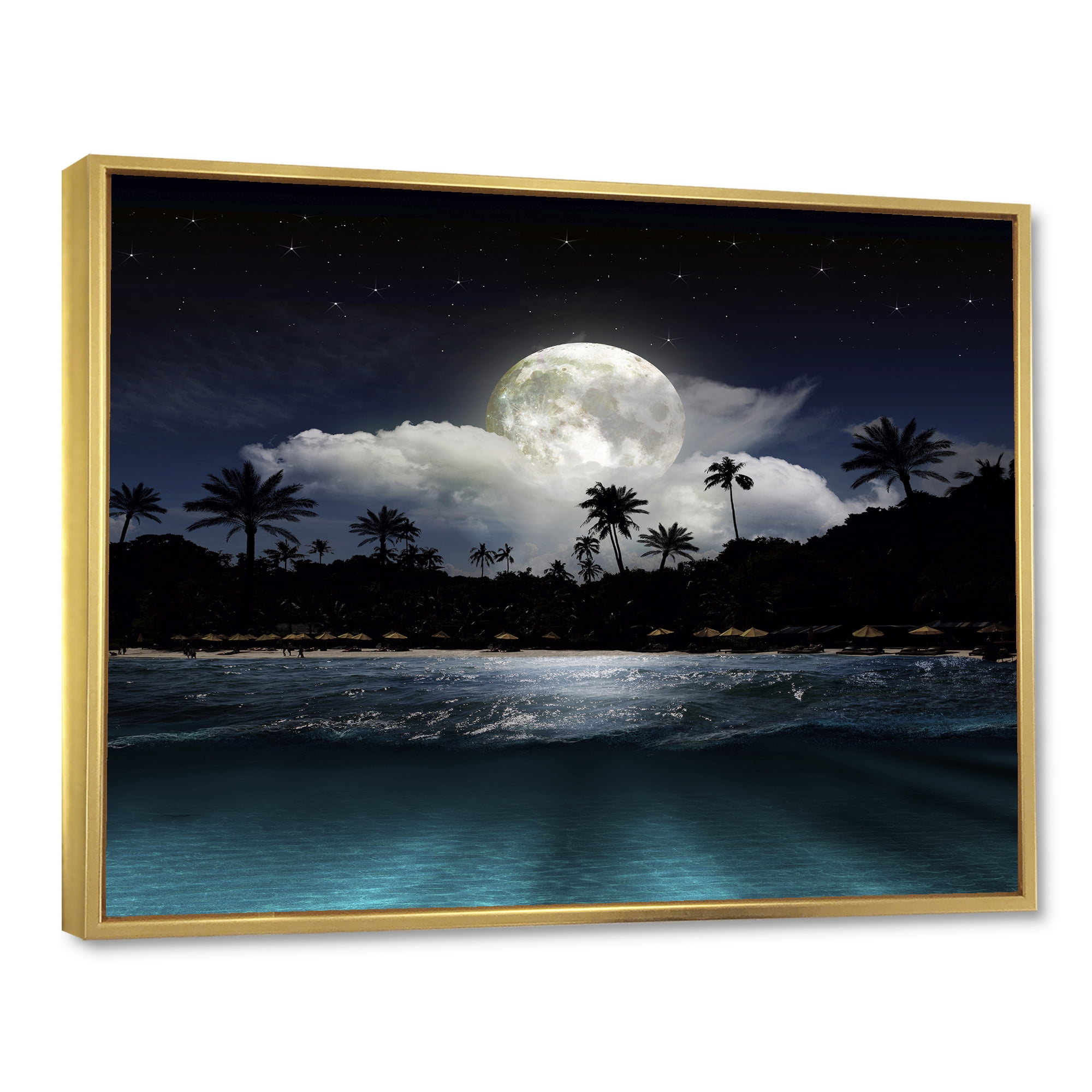 Designart 'Green Beach Under Tropical Full Moon' Modern Framed Canvas Wall Art Print