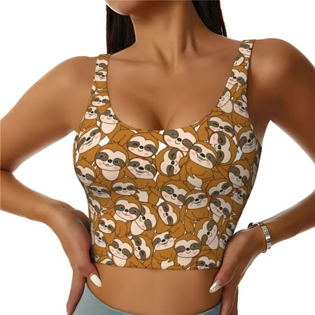Adobk Monkey Sloth Print Sports Bras for Women Longline Workout Crop Tank Tops Padded with Built in Shelf Padded Sports Bra-Large
