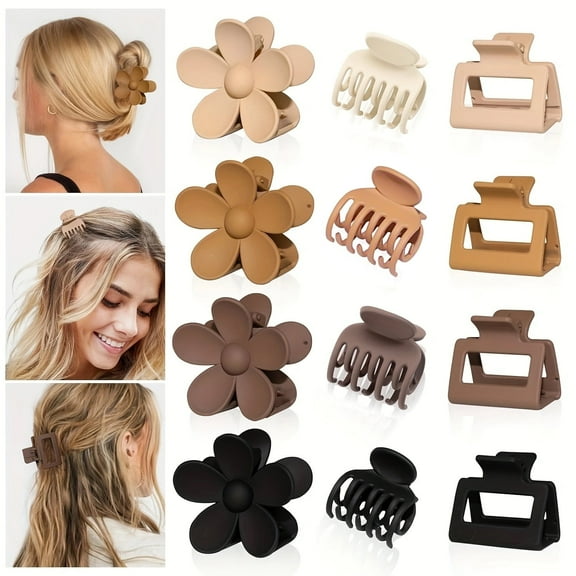 GoXteam Matte Hair Clips for Women and Girls, Rectangle Flower and Double Row Small Claw Clips for Thin/Medium Fine Hair, 12 pack