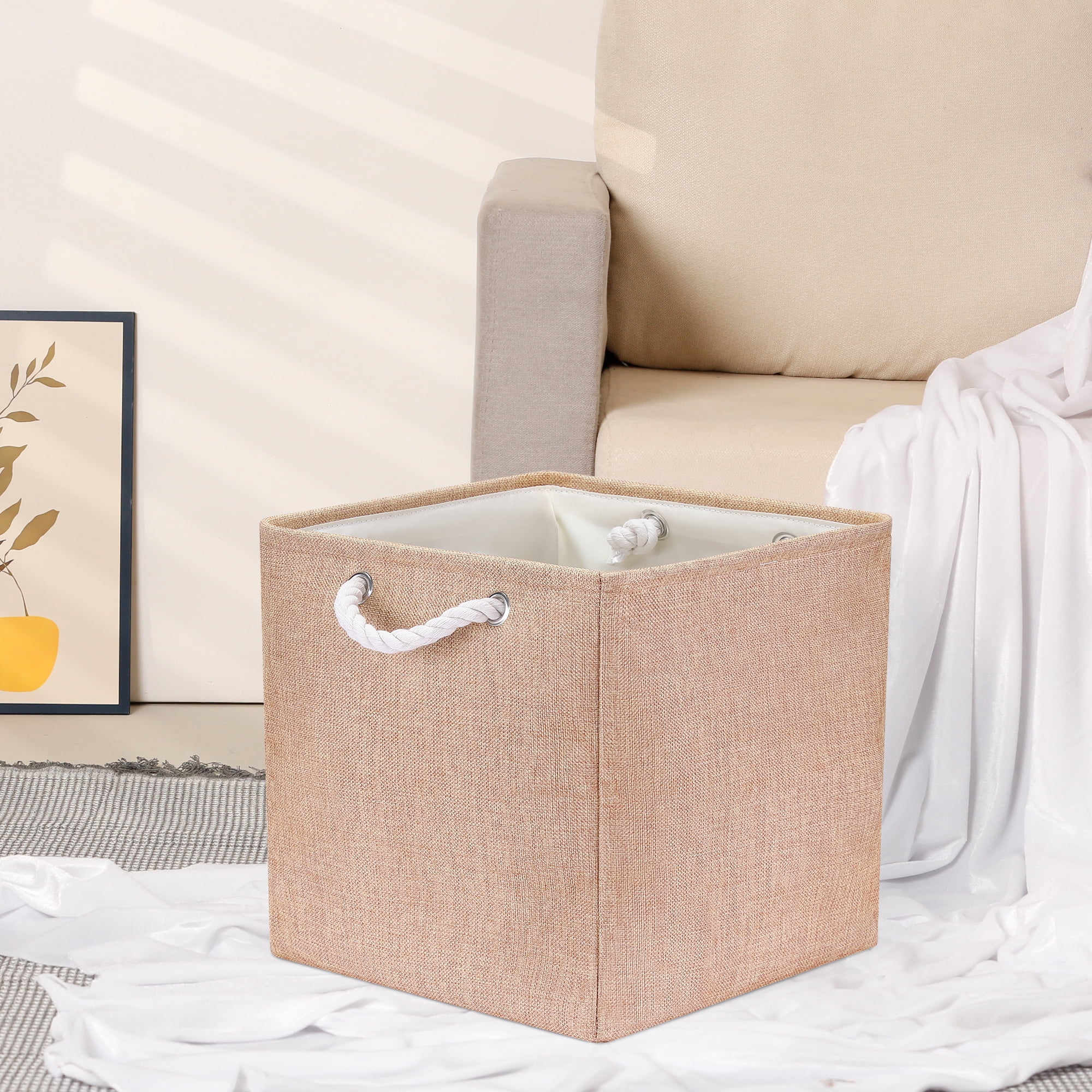 Unique Bargains 13 Inch Square Fabric Collapsible Storage Basket Bin with Handle Brown