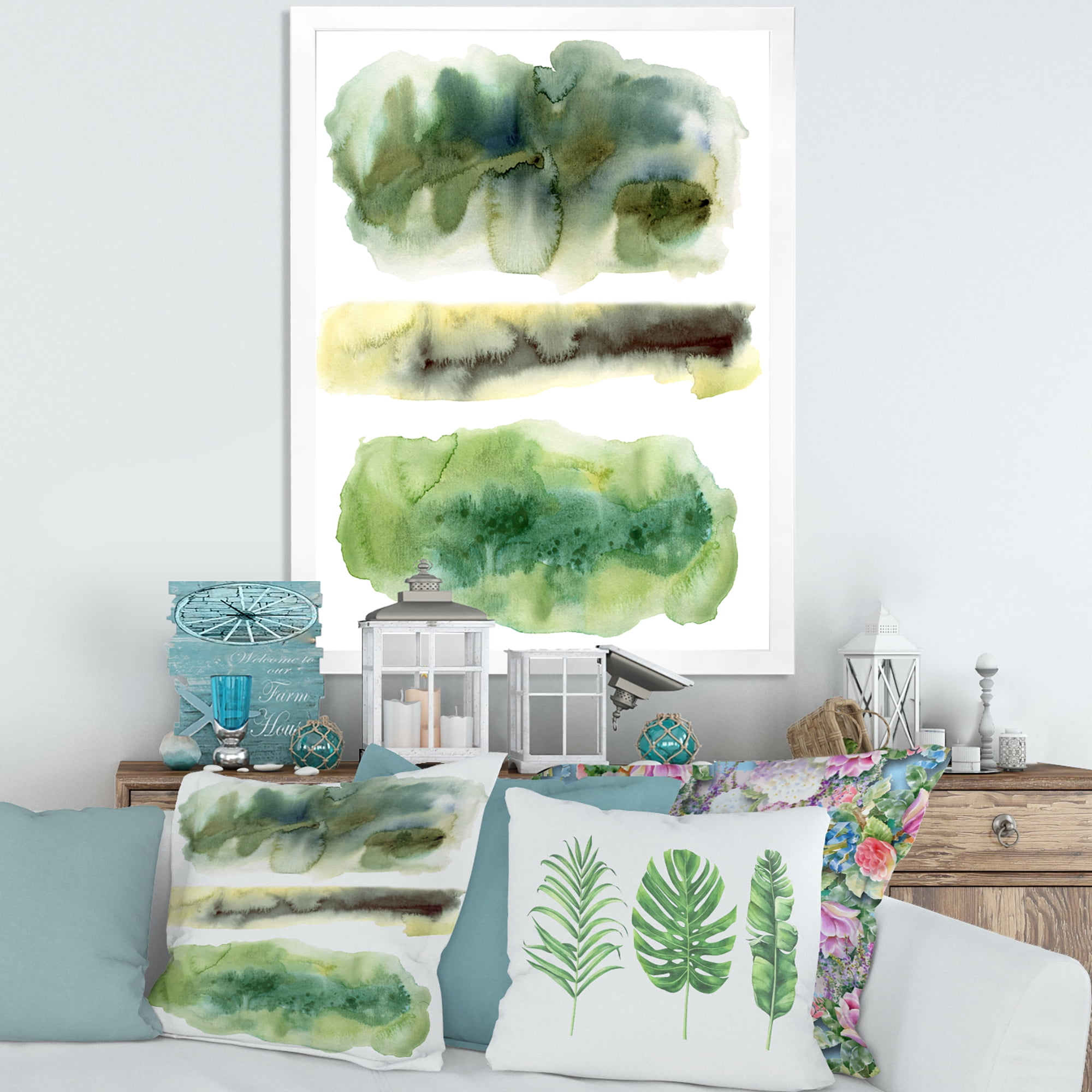 Designart 'Golden Green Abstract Clouds III' Modern Framed Art Print