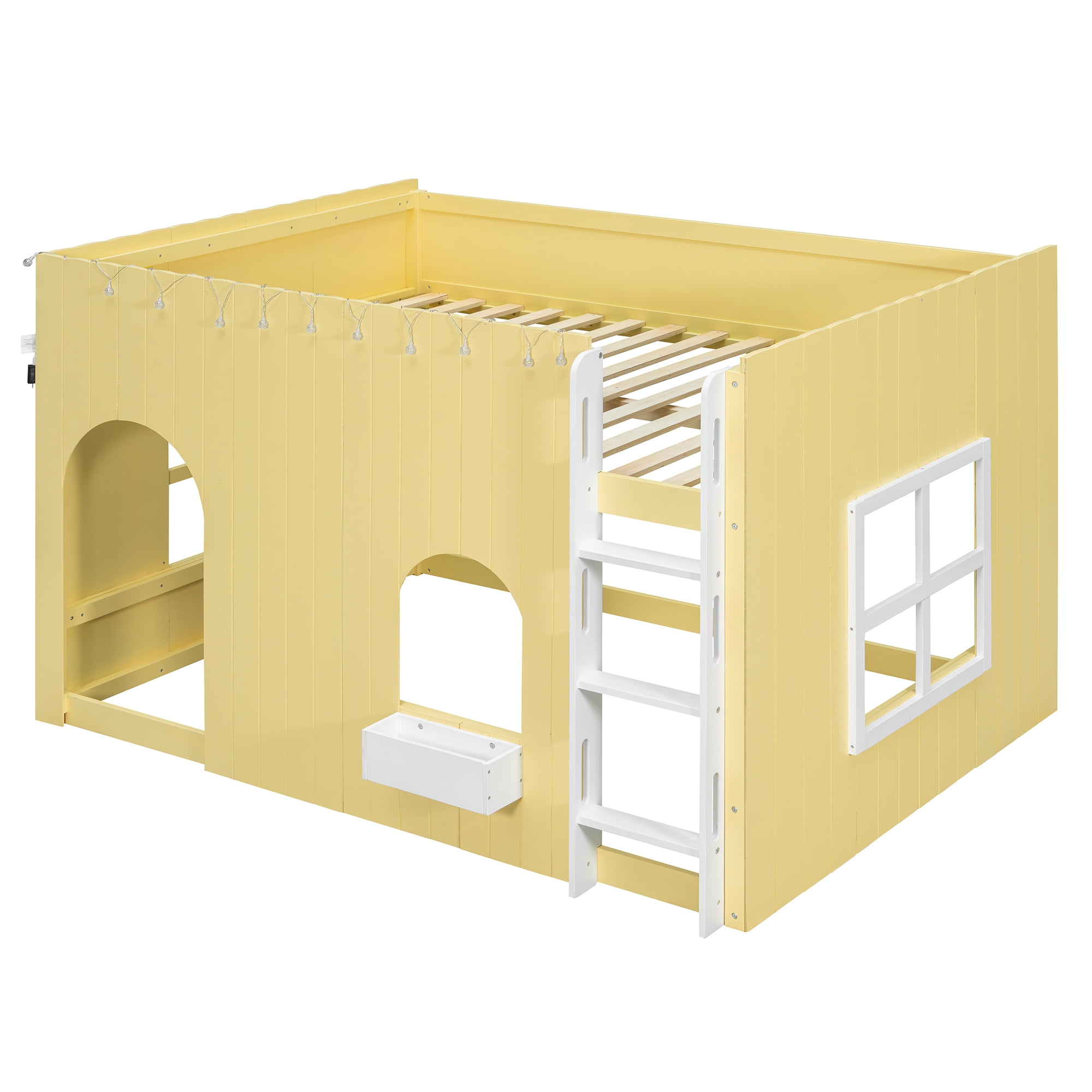 Mintazer Full House Loft Bed with LED Lights, Kids Playhouse Bed with Ladder, Yellow