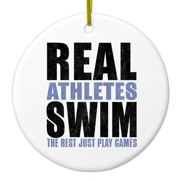 DistinctInk Hanging Ceramic Christmass Tree Ornament with Gold String - Great Gift / Present - 2 3/4 inch diameter - Real Athletes Swim Rest Play Games