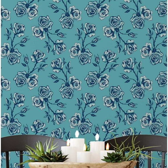 S4Sassy Peel And Stick Wall Covering, Sketched Rose Removable Wallwrap - Green Instant Wall Makeover Mural For Bathroom, Laundry Room, Closet Interior - Self-Adhesive Wallpaper Vinyl -25"X 120"