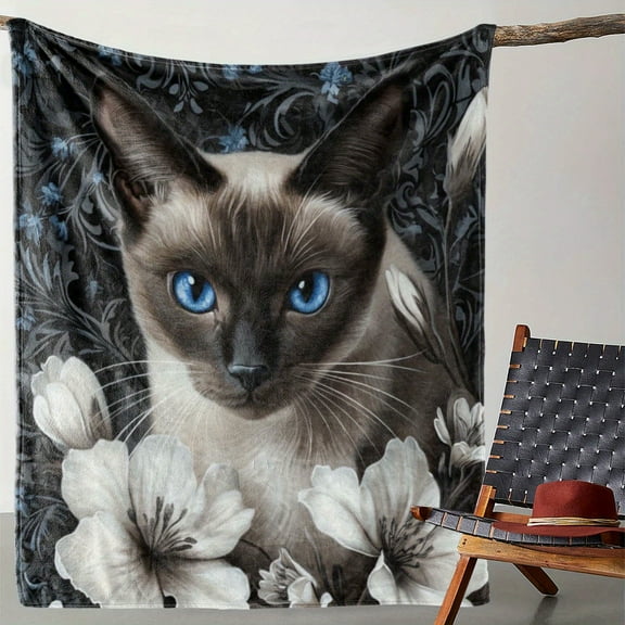 1pc, Vintage Siamese Cat Floral Print Throw Blanket, Soft and Cozy Knitted Polyester Flannel, All-Season Gift for Sofa, Bed, Car, Office, 250-300g, Digital Print, Home Kitchen Bedding