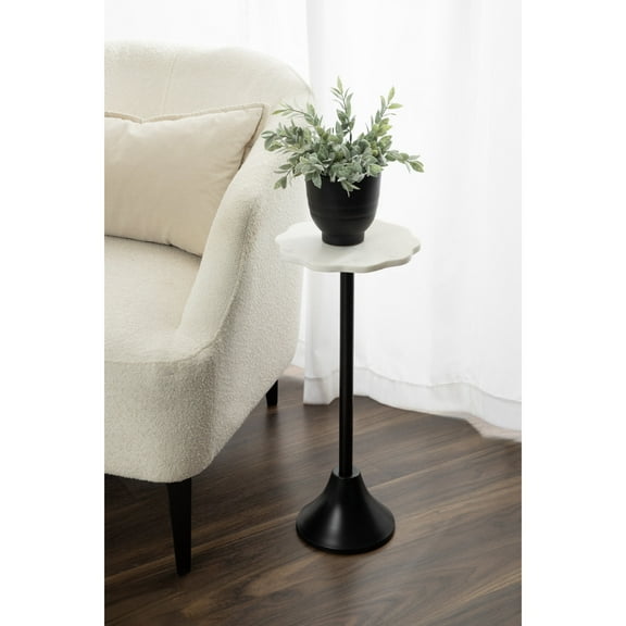 Kate and Laurel Sanzo Modern Pedestal Drink Table, 10 x 10 x 23, White Marble and Black, Decorative End Table with Scalloped Marble Tabletop for Use as Small Plant Stand or Cute Martini Table