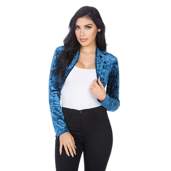 Fashion Secrets Women's Collarless Velvet Velour Bolero Shrug Cardigan (X-Large, Denim Blue)