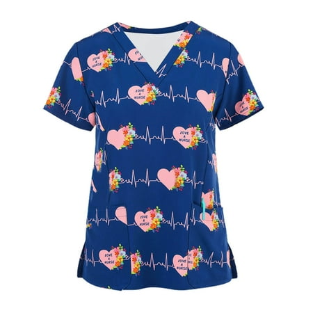 

Fatuov Womens Tops Short sleeve Summer Women Short Sleeve V-neck Working Uniform Cartoon Print Blouse Corset Tops for Women Navy XXL
