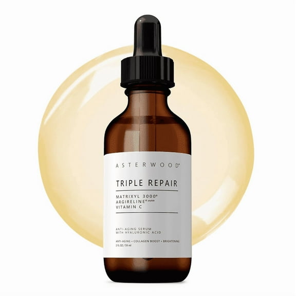 Asterwood Triple Repair Matrixyl 3000 Argireline Hyaluronic Acid Vitamin C Serum for Face - Anti-Aging, Collagen Boosting, Hydrating - Fragrance-Free - 2 Fl Oz