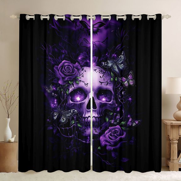 Castle Fairy Abstract Floral Skull Black Out Curtains for Teens Adults,Gothic Style Curtains Pack of 2 (42x63 Each),Chic Flowers Butterflies Bedroom Curtains,Super Cozy Room Decor