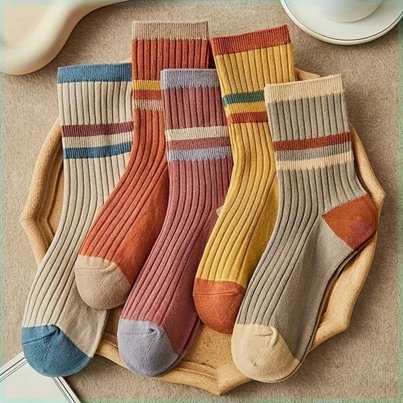 5 Pairs Of Striped Printed Socks, Comfortable, Soft, And Odor Resistant Mid Length Socks, Versatile Socks For Couples