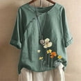 thumbnail image 2 of Women Plu Size Flower Embroidery Button Short Sleeve Vintage Blouse Top T-Shirt M, 2 of 4