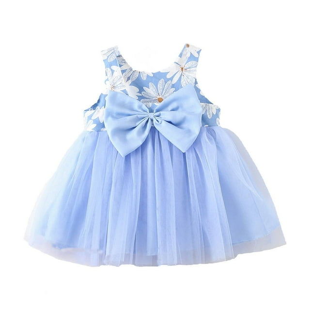 Robes Décontractées pour Bébés Filles Été à Fleurs Couleur Unie Col Ras du Cou Volants Sans Manches Tulle Tutu Princesse Plage Vacances Robe Tenue de Vacances, Bleu, 3-6 Mois