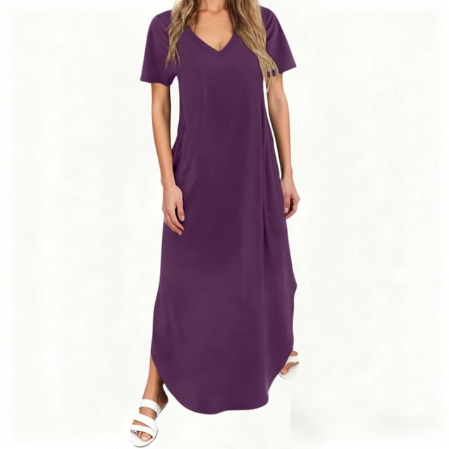 TIMIFIS Maxi Robes pour Femmes Été Manches Courtes Col en V Longue Robe Décontractée Ample Plage Vacances Boho Robes avec Poche