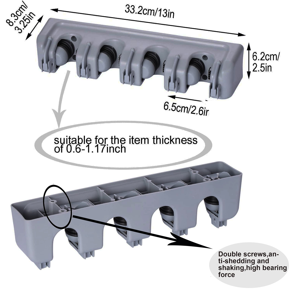 Dinosam Wall Mount Broom Holder, 4 Positions, 5 Hooks, Gray photo 6