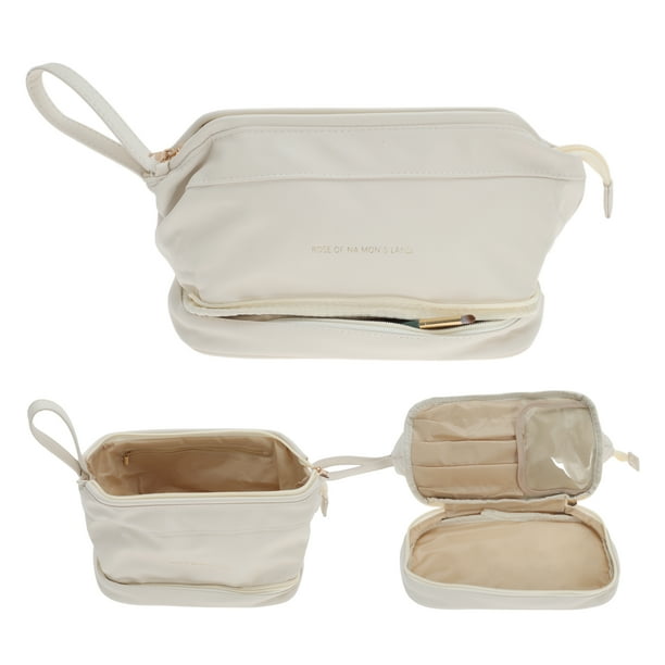 Estuche de Maquillaje de Capa Doble Unique Bargains para Mujeres, Bolsa de Cosméticos de Viaje, Bolsa de Aseo Impermeable y Duradera con Almacenamiento para Brochas de Maquillaje Beige