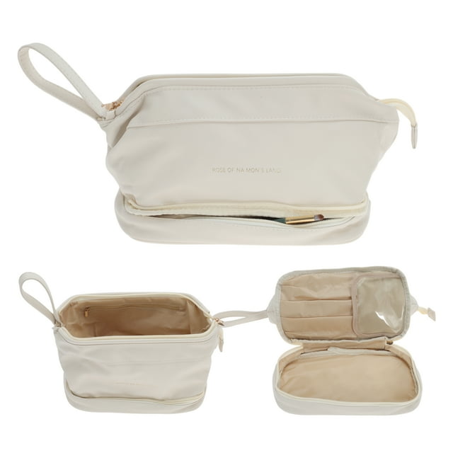 Estuche de Maquillaje de Capa Doble Unique Bargains para Mujeres, Bolsa de Cosméticos de Viaje, Bolsa de Aseo Impermeable y Duradera con Almacenamiento para Brochas de Maquillaje Beige