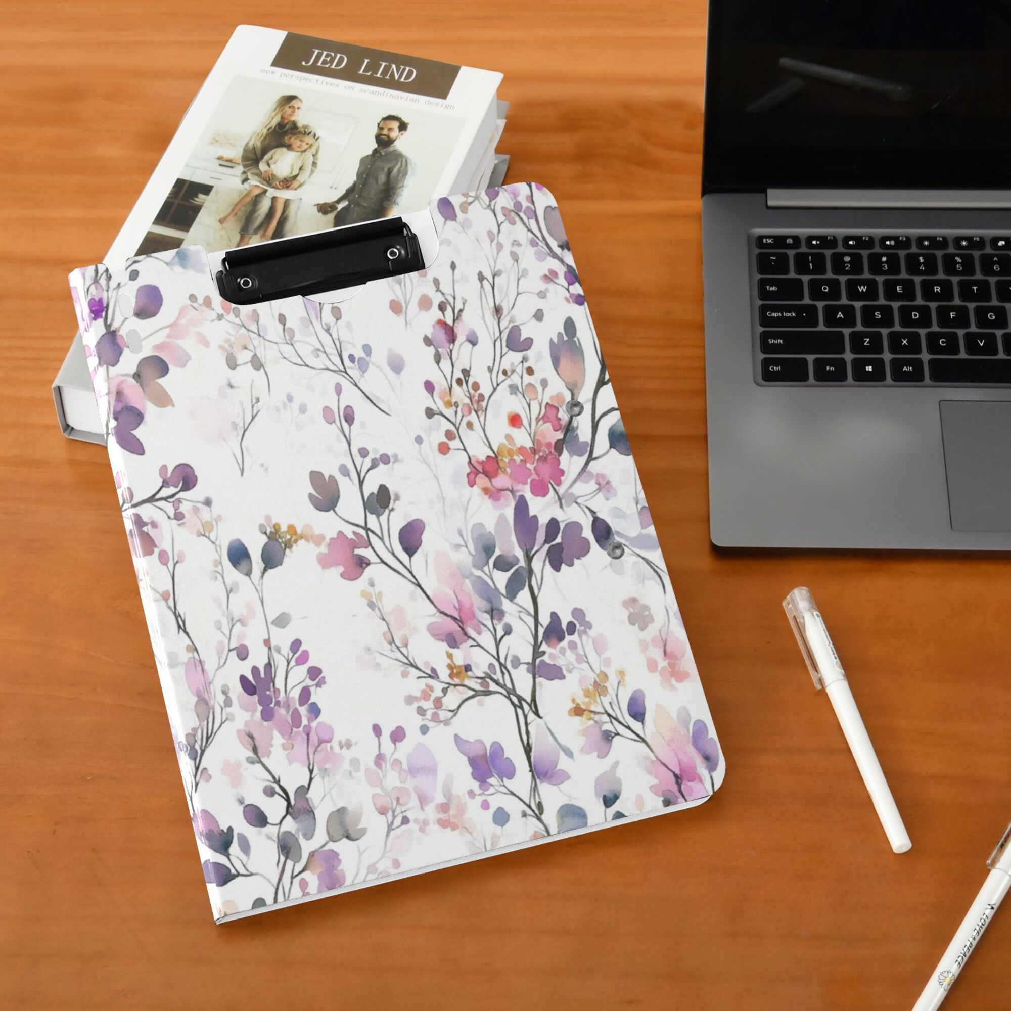 FORMRS A4 Clipboard Folder with Pen Holder Horizontal Foldable School Office Binder, Purple Wildflowers