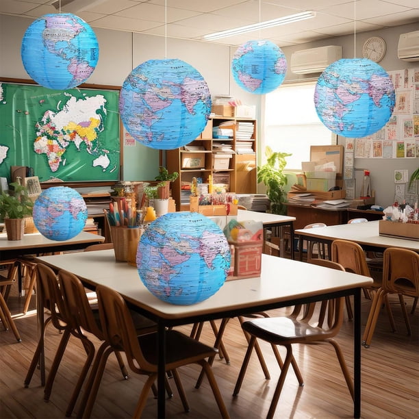 Decoración del hogar, 6 faroles de papel decorativos con forma de mapa del mundo, ideales para fiestas temáticas de viajes, aulas, Día de la Tierra, etc.