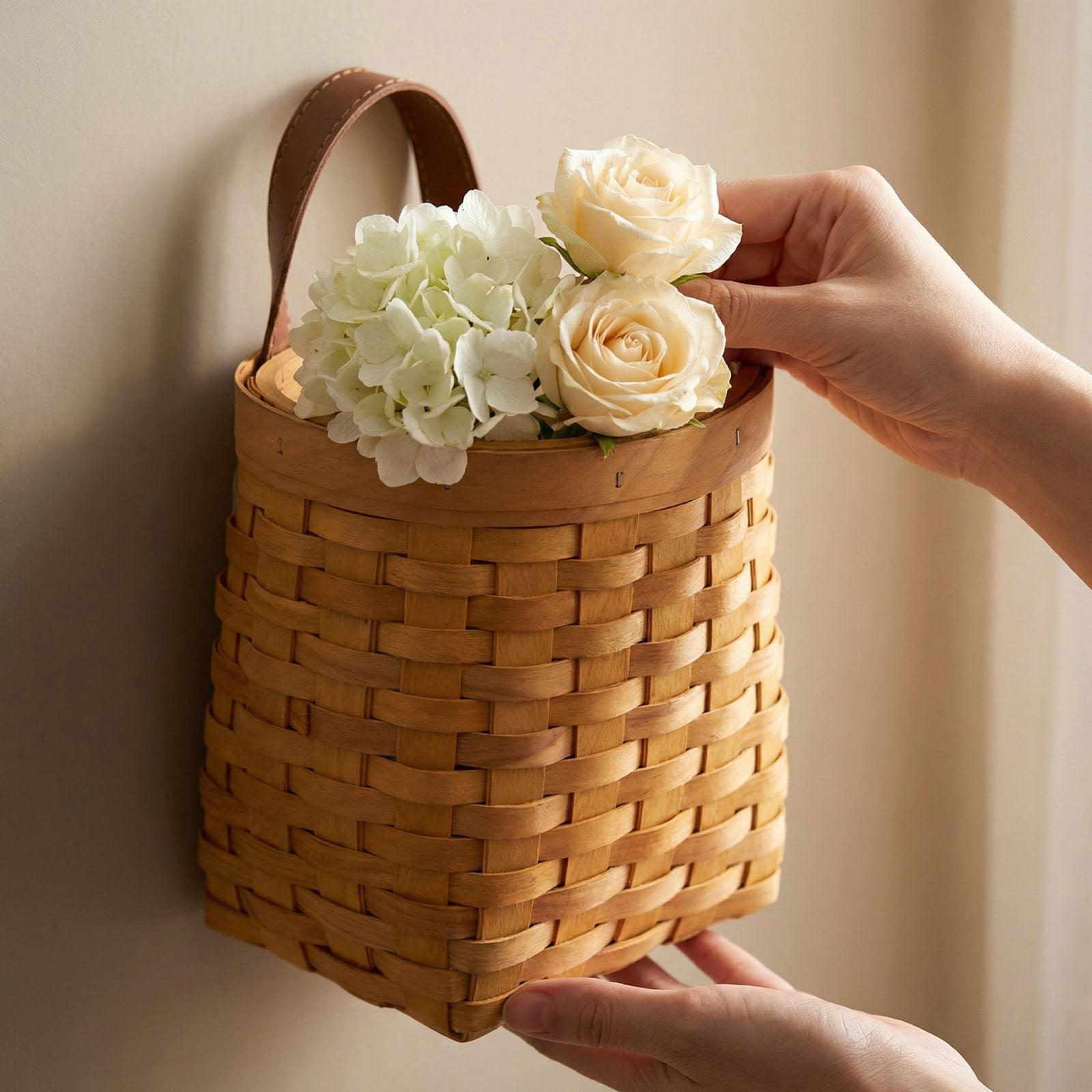Hanging Basket Hanging Wicker Baskets, Hand-Woven Wood Storage Basket Portable Wall Hanging Flower Basket Organizer Fruit Vegetable Rattan Storage Holder Basket Container Home Decoration