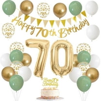 Sage Green White Gold 70th Birthday Party Decorations Kit,Happy 70th Banner Triangle Flags Garlands Number 70 Balloons Cake Toppers for 70 Year Old Anniversary Party Backdrops Supplies