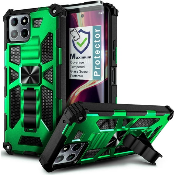 Nagebee Phone Case Compatible for Boost Mobile Celero 5G Plus 7.0" (2023) with Tempered Glass Screen Protector, Full-Body Protective Shockproof [Military-Grade] Built in Kickstand Heavy-Duty (Green)