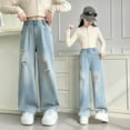thumbnail image 2 of XAOWF Child Girls Casual Ripped Jeans Personality Elastic Waist Wide Leg Fashion Denim Pants With Multiple Pockets 4-12 Years Leisure Versatile Trousers, 2 of 9