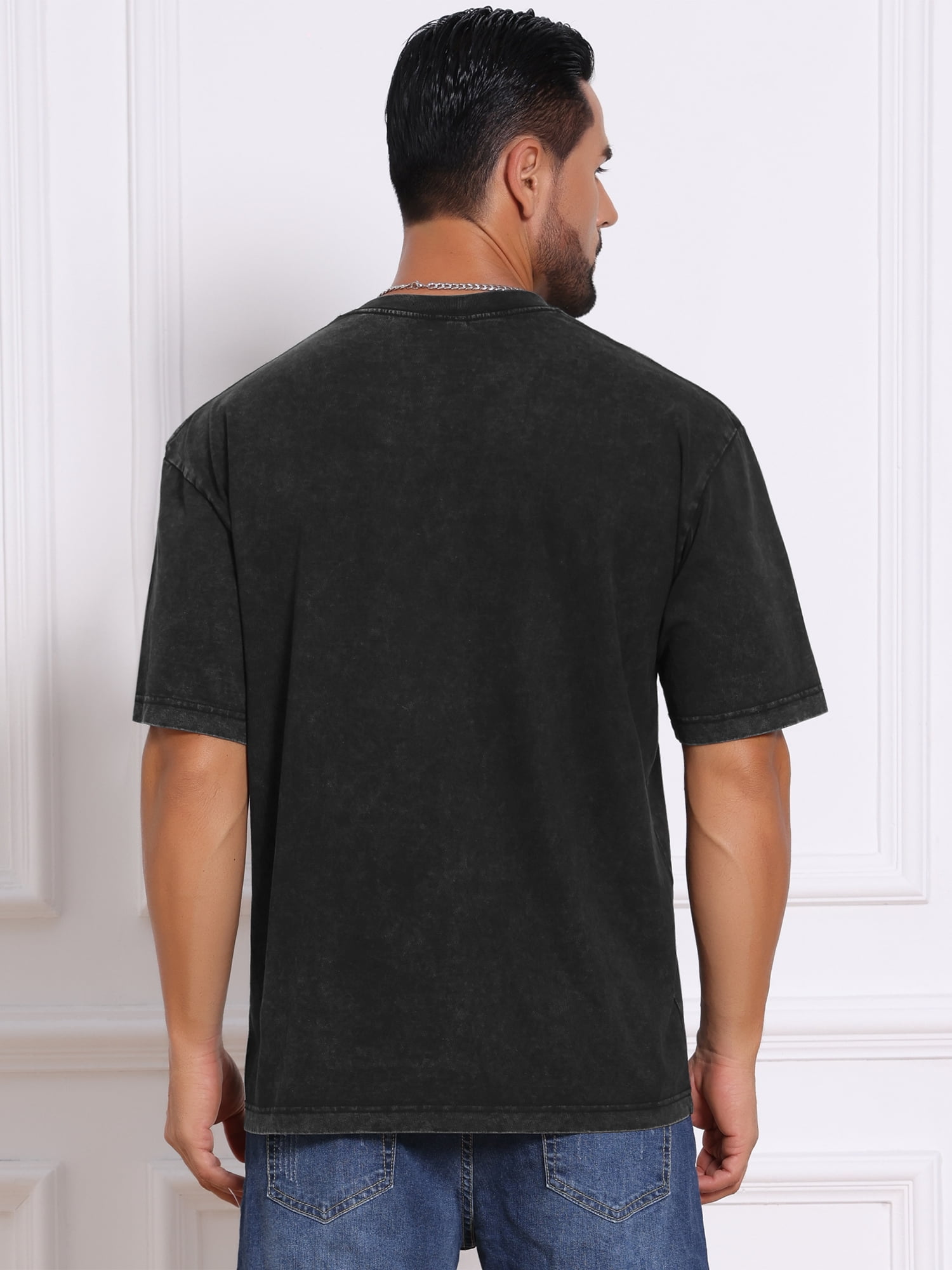 DARING DIVA Men's Retro Distressed Crew Neck Short Sleeve Solid T-Shirt L Black