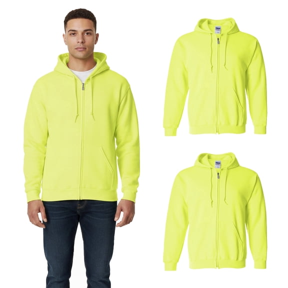 Gildan Men's Full-Zip Safety Hoodie, Hi-Vis Green Warm Zip Jacket Hooded Sweatshirt, 2 Pack, S