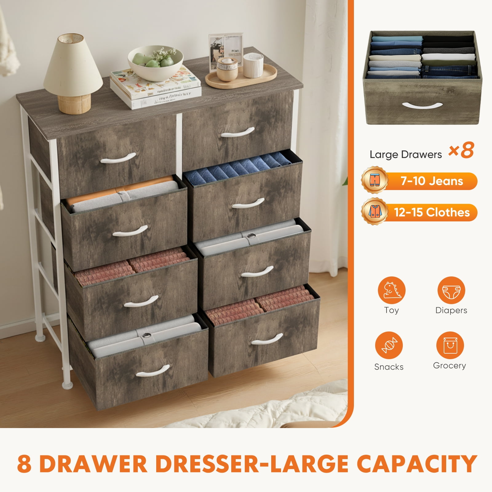 SWEETCRISPY Fabric Dresser With 8 Drawers, Storage Chest For Bedroom, Closet, Living Room, Hallway - Available In Oak