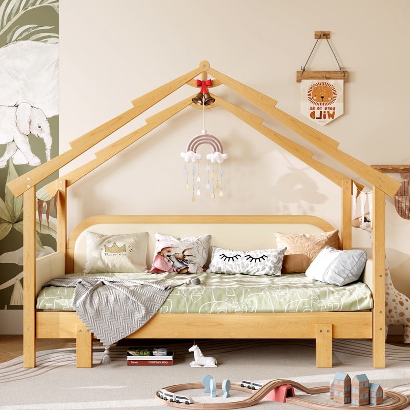 Bellemave Extendable Montessori House Bed, Wood Twin to King Daybed with Soft Cushion Rails, Double Twin Beds with Roof-Shaped, No Box Spring Needed (Natural+Beige)