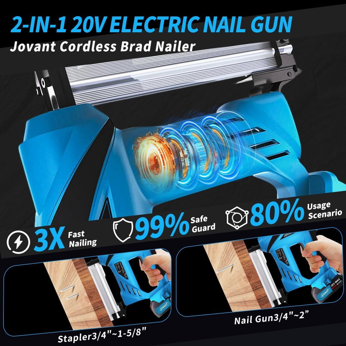2 in 1 Nail Gun Battery Powered, 20V Cordless Nail Gun,400 Nails, 400 Staples, with Staple Puller, 2 * 2.0Ah Li-Ion Batteries and 2.4A Charger, Brad Nailer for Home Improvement & DIY