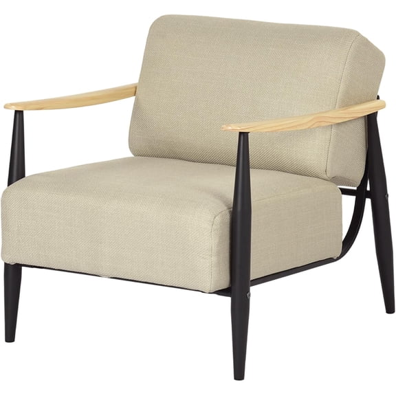 TEXBM Mid-Century Modern Accent Chair – Fabric Upholstery with Solid Wood Armrests & Sturdy Metal Frame, Single Sofa Chair for Living Room, Bedroom, Reading Nook or Office (Beige)