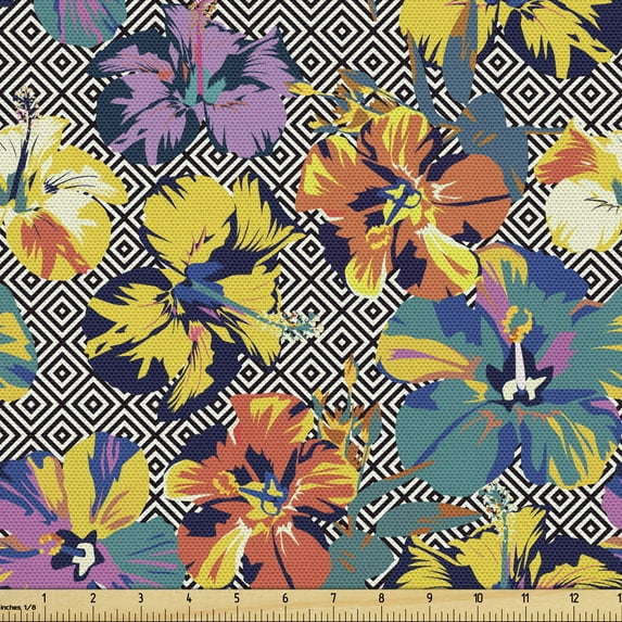 Tropical Sofa Upholstery Fabric by the Yard, Hibiscus Blossoms Fragrance on Minimalist Tiles Caribbean Aloha Jungle, Decorative Fabric for DIY and Home Accents, Multicolor by Ambesonne