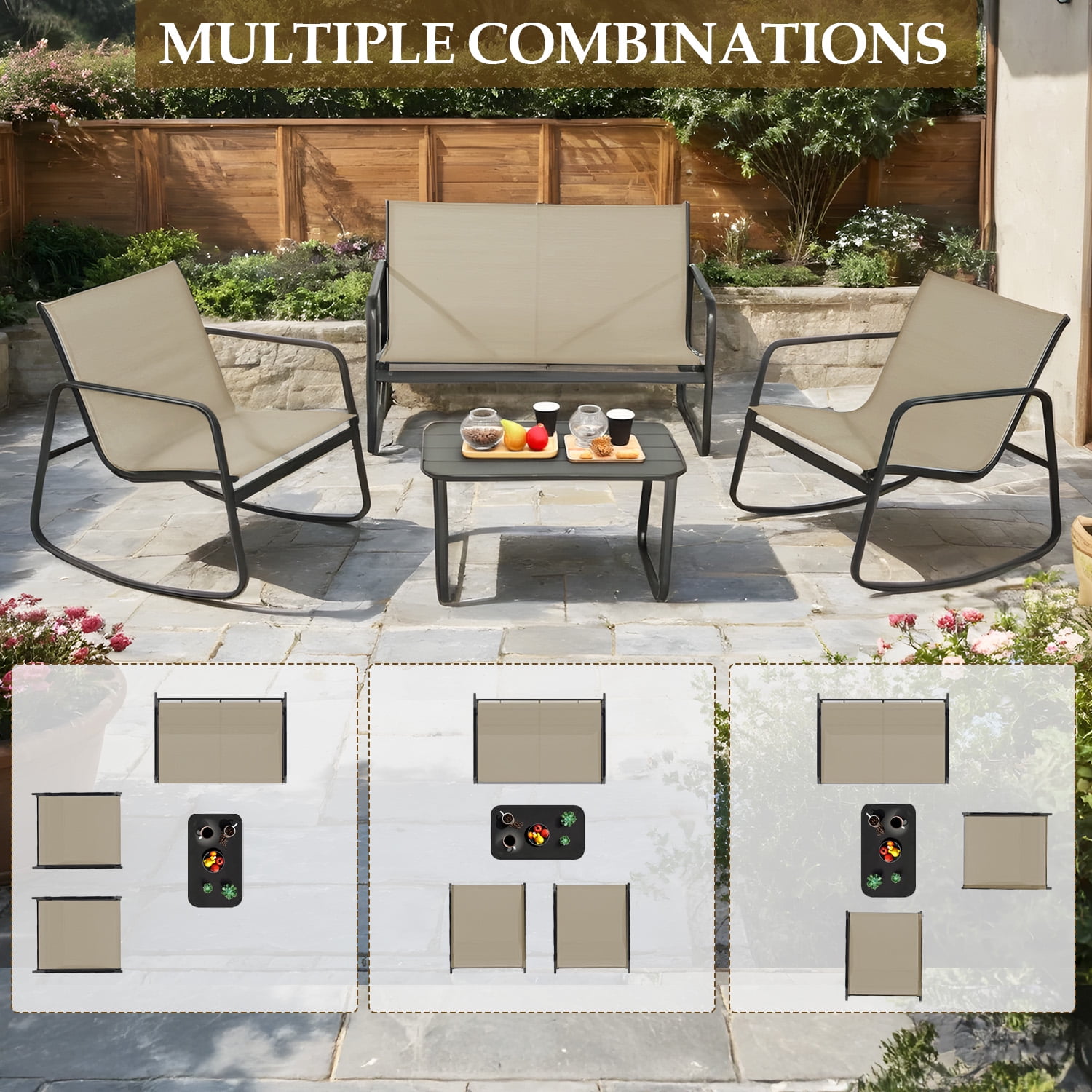 4-Piece Patio Furniture Set, Textilene Outdoor Conversation Set with 2 Rocking Chairs and Coffee Table (Gray)