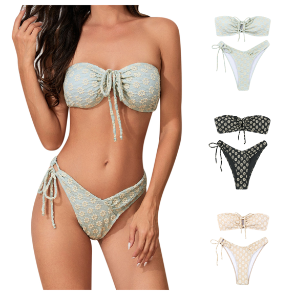 Lovzfmll Bikini Set for Women, Printed Bandeau Top, High Waisted Conservative Two Piece Bathing Suit for Beach